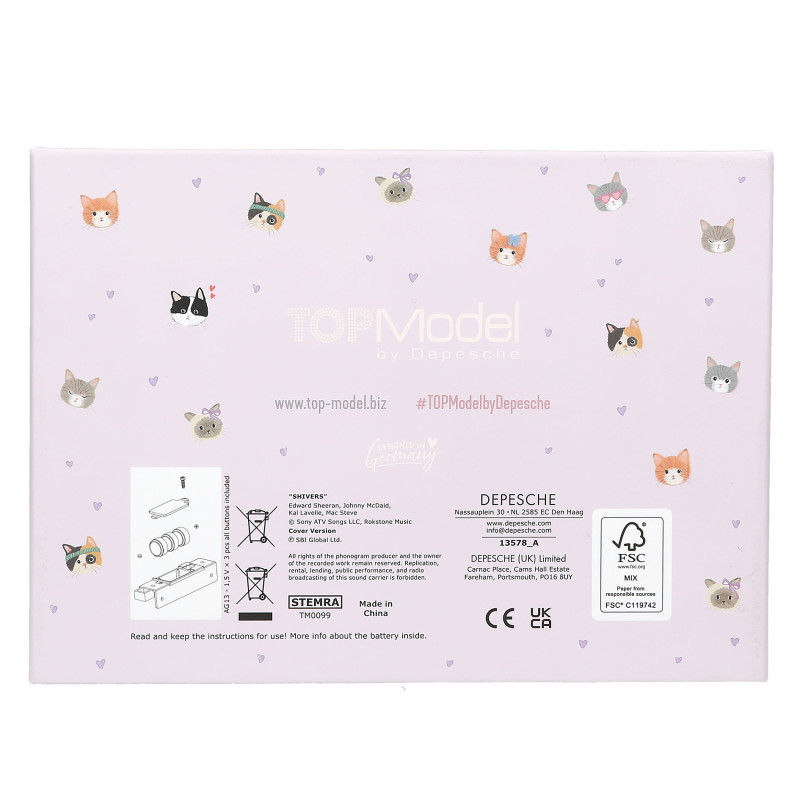 Helllila Depesche TOPModel CAT LOVE Schmuckbox mit Katzenmotiven, unten links Anleitung als Diagramm.