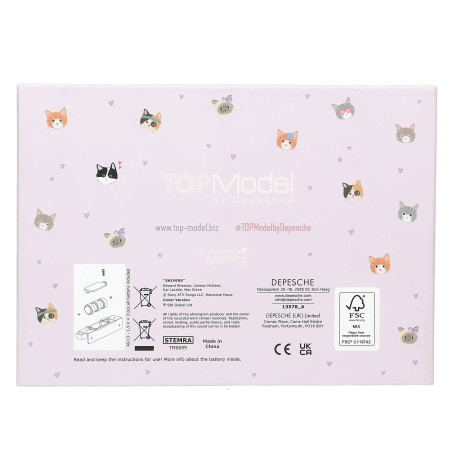 Helllila Depesche TOPModel CAT LOVE Schmuckbox mit Katzenmotiven, unten links Anleitung als Diagramm.