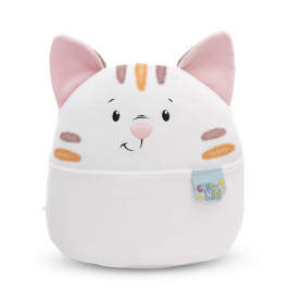 Plüsch-Katzenkissen mit rosa Ohren, orangefarbenen Streifen und Chill N-Tag auf der Vorderseite.