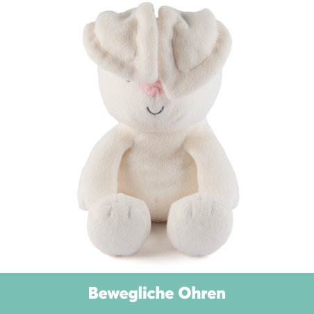 Weißes Plüschhäschen mit beweglichen Schlappohren und schlichtem Gesicht sitzt aufrecht. Text: Bewegliche Ohren.
