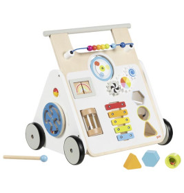 Holz-Baby-Lauflernwagen mit Rädern, Xylophon, Abakus-Perlen und Formen-Steckblöcken.