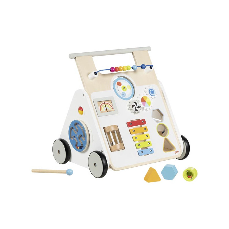 Holz-Baby-Lauflernwagen mit Rädern, Xylophon, Abakus-Perlen und Formen-Steckblöcken.