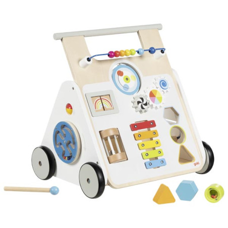 Holz-Baby-Lauflernwagen mit Rädern, Xylophon, Abakus-Perlen und Formen-Steckblöcken.