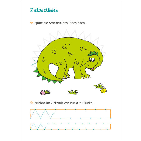 Grüner Cartoon-Dinosaurier mit weißen Stacheln, Zickzacklinien und Nachfahrübungen darunter. Deutscher Text.