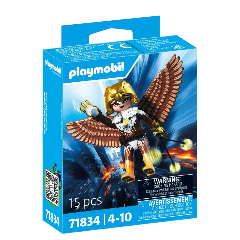 Playmobil-Box mit geflügeltem Superhelden über Stadt, Set 71834, für Kinder von 4-10 Jahren.