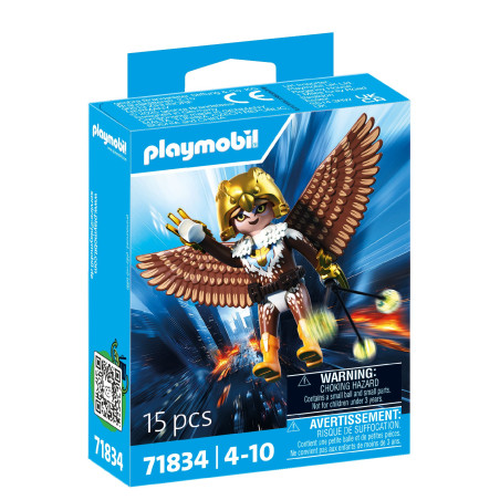 Playmobil-Box mit geflügeltem Superhelden über Stadt, Set 71834, für Kinder von 4-10 Jahren.
