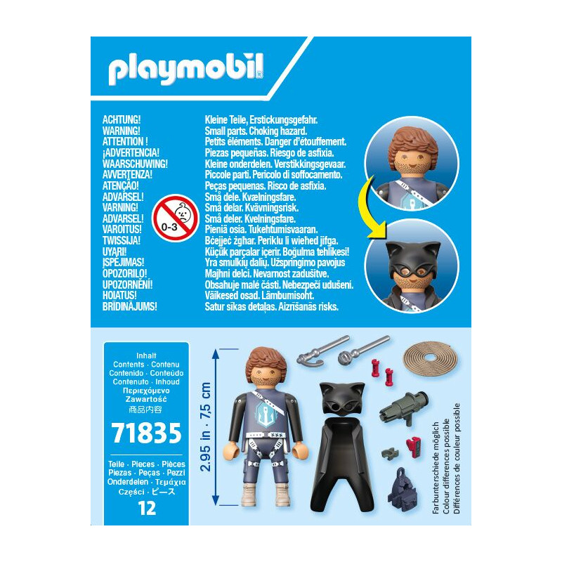 Playmobil-Set mit zwei Figuren, Zubehör und Sicherheitshinweisen in mehreren Sprachen auf der Verpackung.