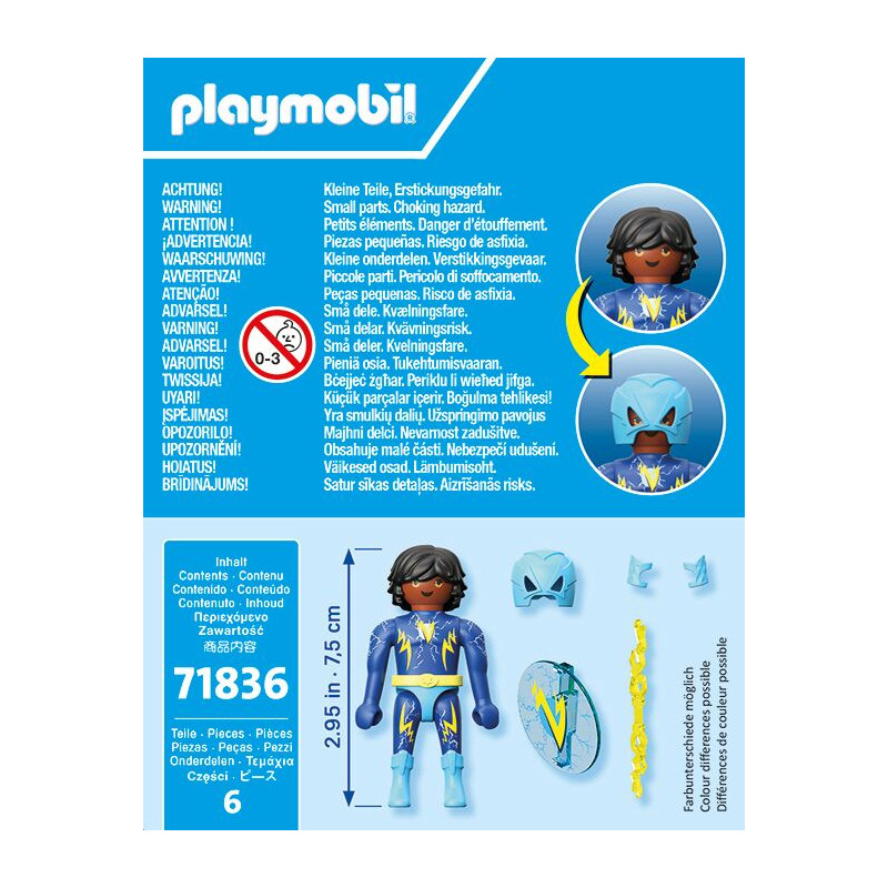 Playmobil-Verpackung mit blauem Superheld, Maske, Schild und Zubehör mehrsprachige Hinweise und Warnungen.