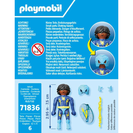 Playmobil-Verpackung mit blauem Superheld, Maske, Schild und Zubehör mehrsprachige Hinweise und Warnungen.