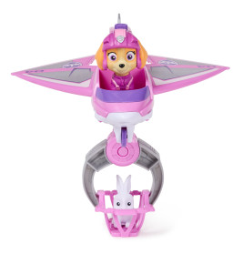 Spielzeughubschrauber mit Hund als Pilot und Hase im rosa Rettungskorb darunter.