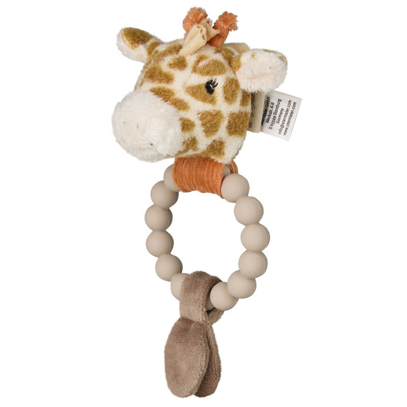 Plüsch-Giraffen-Babyrassel mit Perlenring und weichen Stoffknoten am unteren Ende.