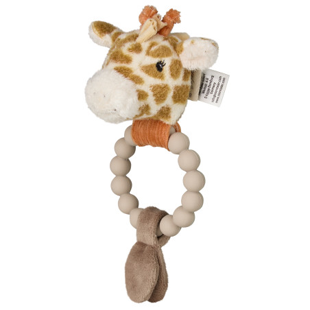 Plüsch-Giraffen-Babyrassel mit Perlenring und weichen Stoffknoten am unteren Ende.