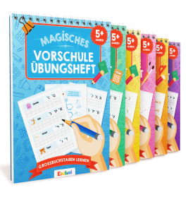 Fünf bunte Vorschulhefte "Magisches Vorschule Übungsheft" für Kinder ab 5 Jahren.