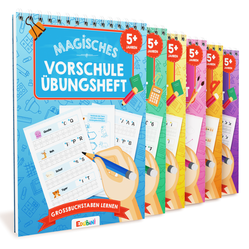 Fünf bunte Vorschulhefte "Magisches Vorschule Übungsheft" für Kinder ab 5 Jahren.