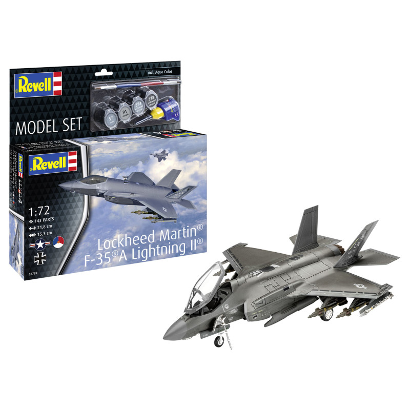 Revell Bausatz und fertiges Modell der Lockheed Martin F-35A Lightning II im Maßstab 1:72.