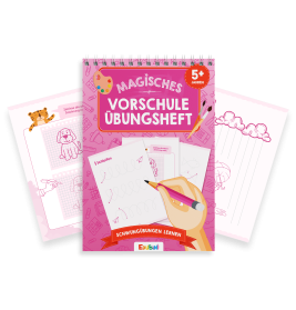 Pinkes Vorschularbeitsheft auf Deutsch, eine Hand zieht Linien, daneben zwei illustrierte Arbeitsblätter.