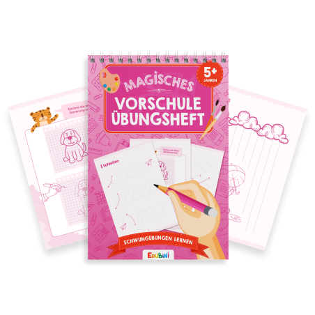 Pinkes Vorschularbeitsheft auf Deutsch, eine Hand zieht Linien, daneben zwei illustrierte Arbeitsblätter.