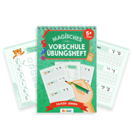 Umschlag eines deutschen Vorschulhefts mit Matheübungen, dazu zwei offene Seiten mit Zahlenübungen.