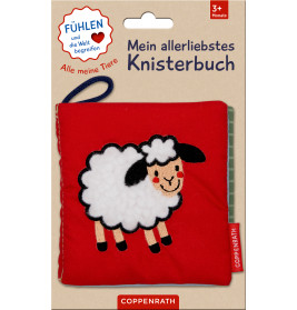 Rotes Baby-Knisterbuch mit gesticktem Schaf und dem Aufdruck Mein allerliebstes Knisterbuch auf dem Cover.