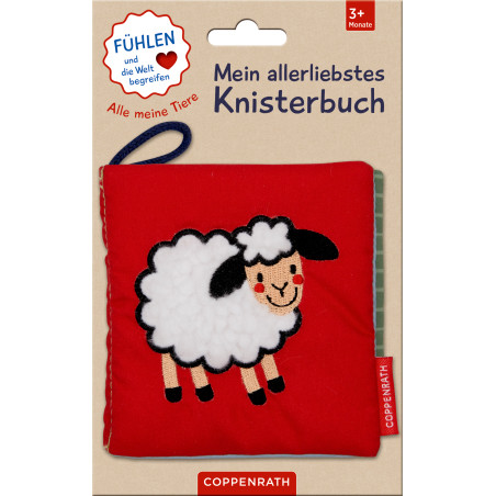 Rotes Baby-Knisterbuch mit gesticktem Schaf und dem Aufdruck Mein allerliebstes Knisterbuch auf dem Cover.