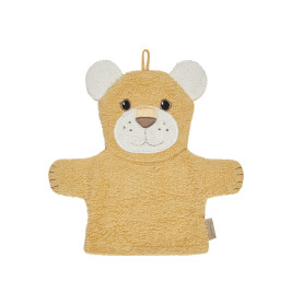 Gelber Bär-Waschhandschuh mit weißen Ohren und lächelndem Gesicht aus weichem Stoff vor weißem Hintergrund.