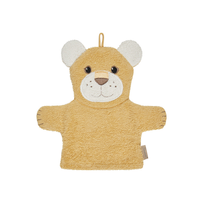 Gelber Bär-Waschhandschuh mit weißen Ohren und lächelndem Gesicht aus weichem Stoff vor weißem Hintergrund.