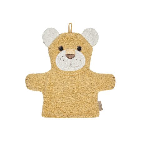 Gelber Bär-Waschhandschuh mit weißen Ohren und lächelndem Gesicht aus weichem Stoff vor weißem Hintergrund.