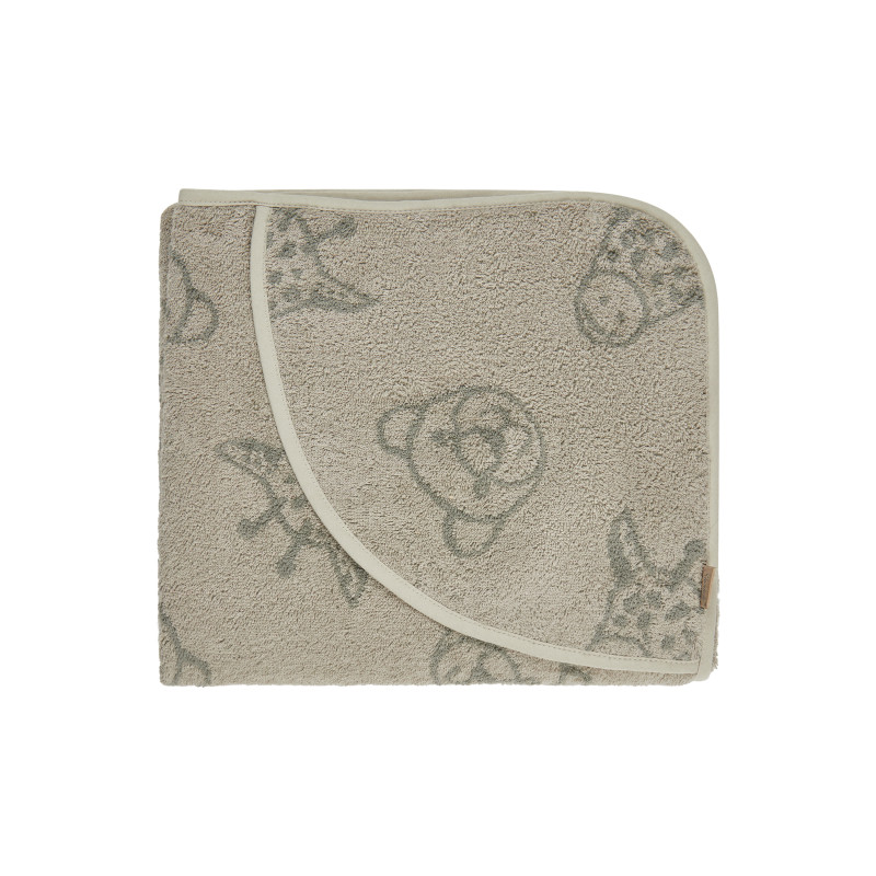 Beiges Babyhandtuch mit Kapuze und grauen Tiergesichtern, ordentlich gefaltet auf weißem Hintergrund.