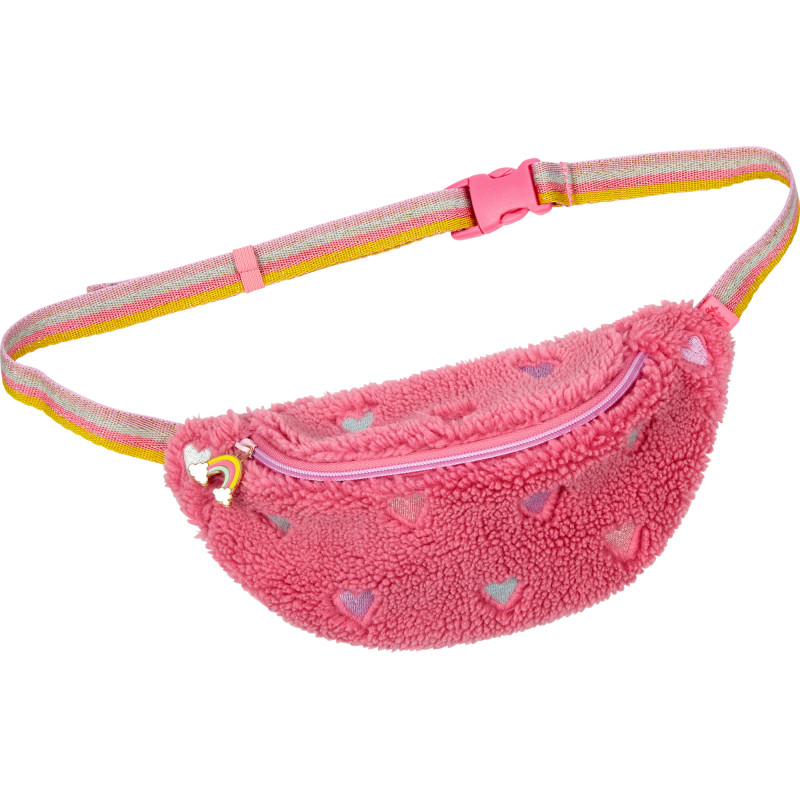 Pinke, flauschige Bauchtasche mit kleinen Herzmustern, Reißverschluss und gestreiftem, verstellbarem Gurt mit pinker Schnalle.