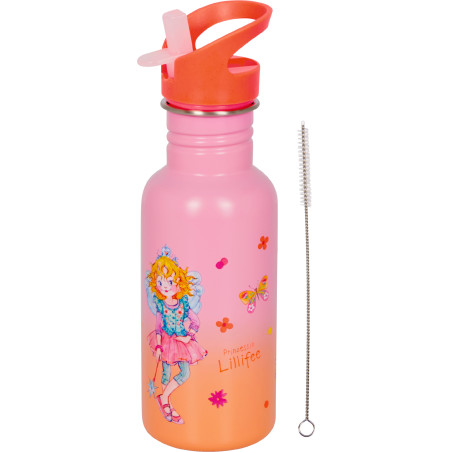 Prinzessin Lillifee 0,5L Edelstahlflasche von Coppenrath mit orangem Deckel und Reinigungsbürste.