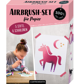 Airbrush-Set für Papier mit Mädchen, das Marker benutzt auf der Verpackung ist ein pinkes Einhorn abgebildet.