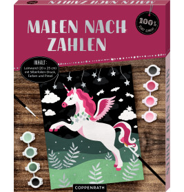 Malen-nach-Zahlen-Set mit Einhornmotiv, Pinseln und Farben, Verpackung auf Deutsch.