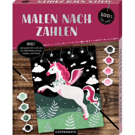 Malen-nach-Zahlen-Set mit Einhornmotiv, Pinseln und Farben, Verpackung auf Deutsch.