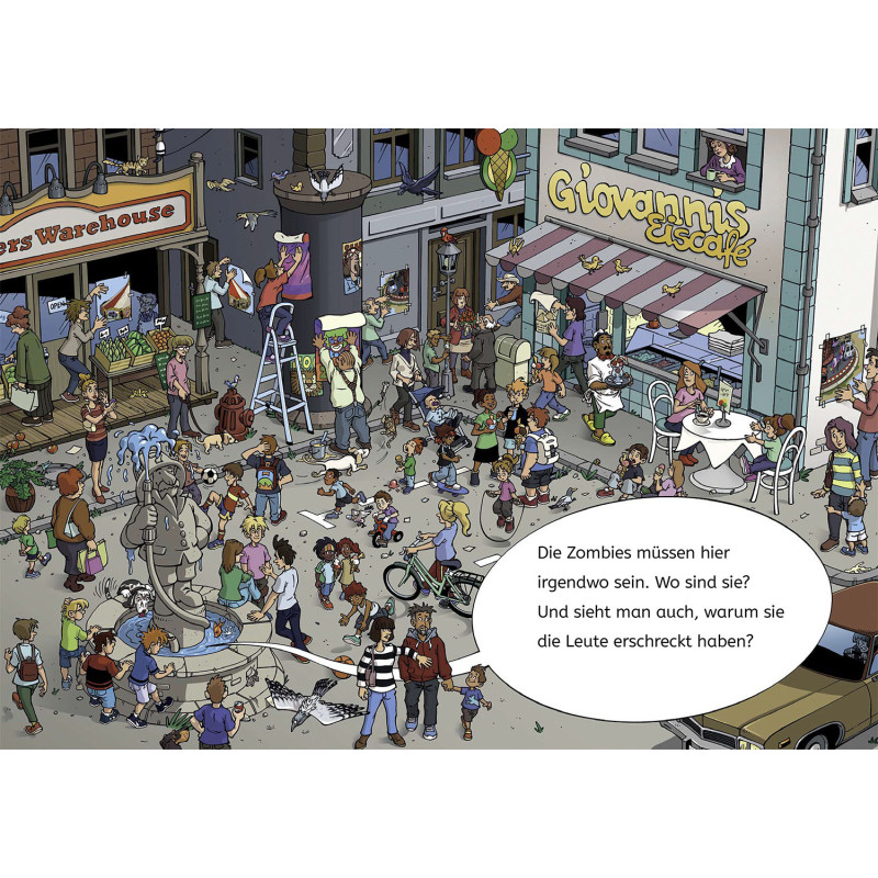 Belebte Straße mit Menschen und Kindern eine Sprechblase fragt, wo sich die Zombies in der Menge befinden.