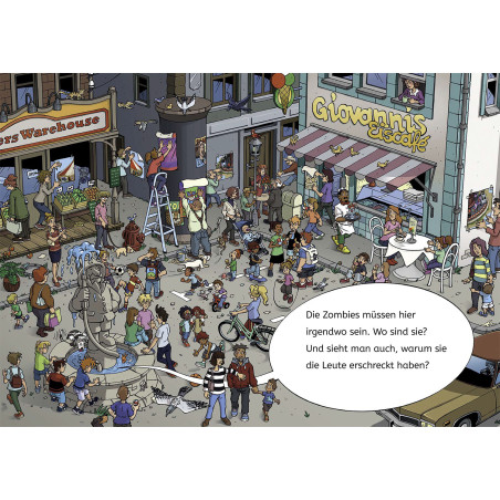 Belebte Straße mit Menschen und Kindern eine Sprechblase fragt, wo sich die Zombies in der Menge befinden.