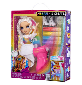 Rainbow High Puppenset mit weißhaariger Puppe, Markern und Airbrush zum Bemalen von Kleidung und Haaren.