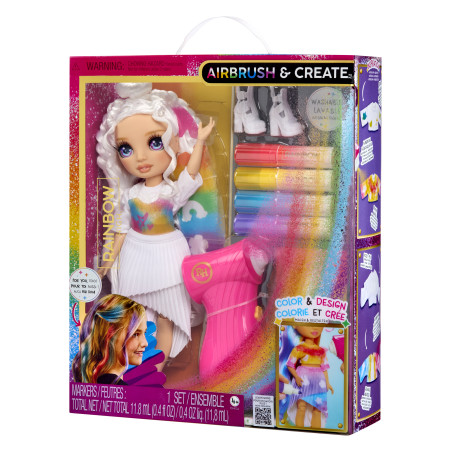 Rainbow High Puppenset mit weißhaariger Puppe, Markern und Airbrush zum Bemalen von Kleidung und Haaren.