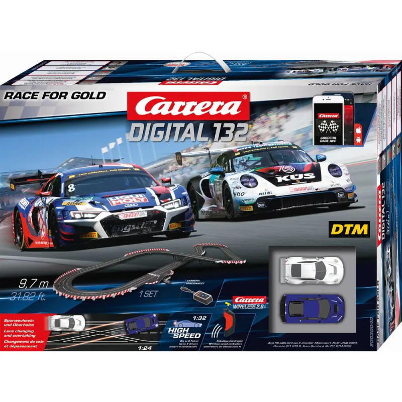 Carrera Digital 132 Set: Verpackung mit zwei Rennautos und abgebildeter Rennstrecke.