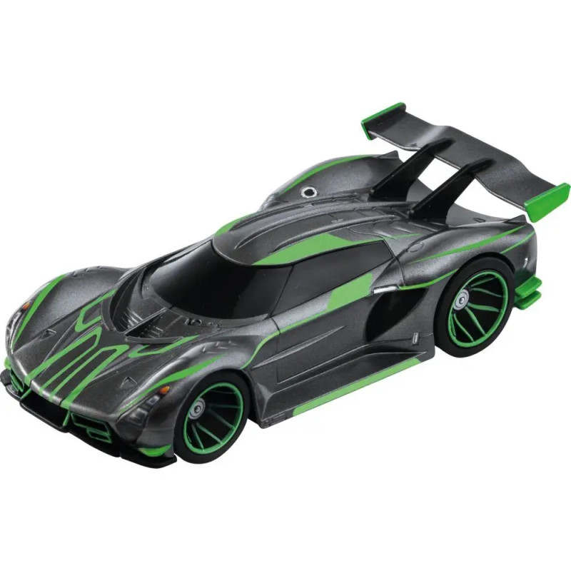 Graues Spielzeug-Rennauto mit grünen Akzenten, schwarzen Fenstern und großem Heckspoiler.