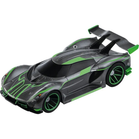 Graues Spielzeug-Rennauto mit grünen Akzenten, schwarzen Fenstern und großem Heckspoiler.