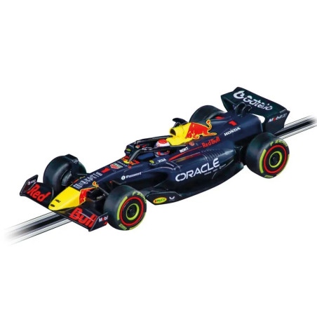 Schwarzer Red Bull Racing Formel-1-Wagen mit Sponsorenlogos aus der Vogelperspektive auf weißem Hintergrund.