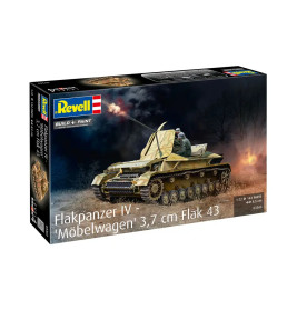 Revell Modellbausatz: Flakpanzer IV Möbelwagen mit Flugabwehrkanone, Soldaten und feurigem Hintergrund.