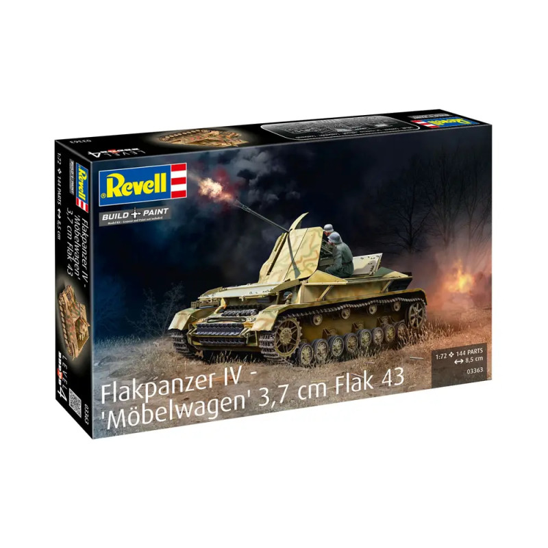 Revell Modellbausatz: Flakpanzer IV Möbelwagen mit Flugabwehrkanone, Soldaten und feurigem Hintergrund.