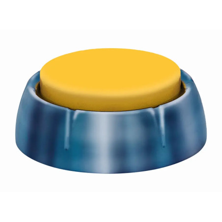 Gelber Knopf mit metallisch-blauem Sockel, freigestellt vor weißem Hintergrund.