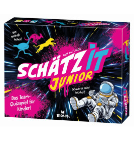 Schätz It Junior: Spielbox mit bunten Tier- und Astronautenmotiven auf dunklem Hintergrund.