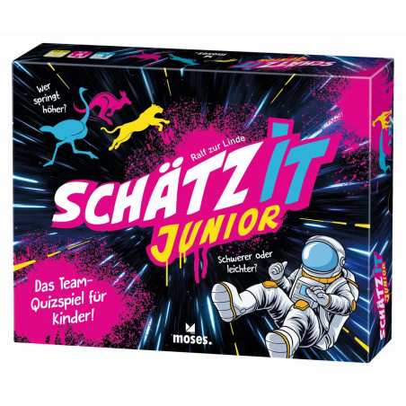 Schätz It Junior: Spielbox mit bunten Tier- und Astronautenmotiven auf dunklem Hintergrund.