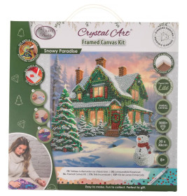 Crystal Art Snowy Paradise Set: Gerahmte Leinwand mit beleuchtetem Haus in verschneiter Winterlandschaft als Diamantbild.