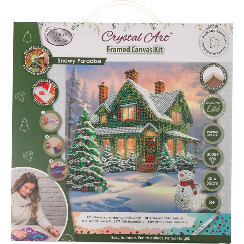 Crystal Art Snowy Paradise Set: Gerahmte Leinwand mit beleuchtetem Haus in verschneiter Winterlandschaft als Diamantbild.