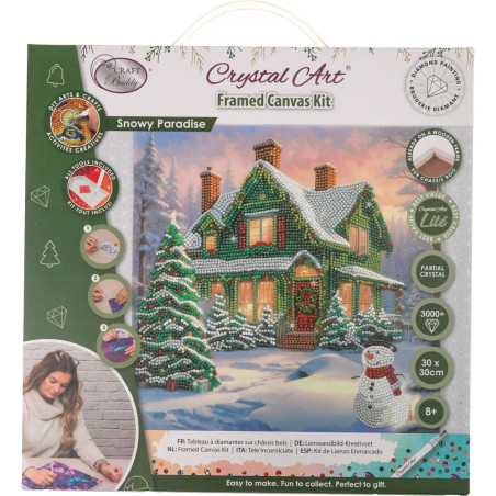 Crystal Art Snowy Paradise Set: Gerahmte Leinwand mit beleuchtetem Haus in verschneiter Winterlandschaft als Diamantbild.