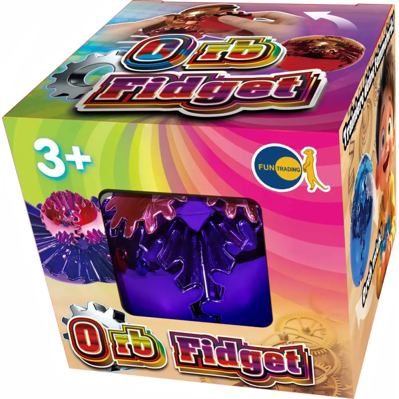 Bunte Oro Fidget Toy Verpackung für Kinder ab 3 Jahren, mit sichtbaren Zahnrädern und Spielzeug im Sichtfenster.